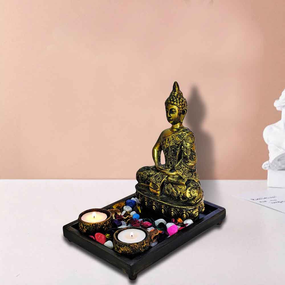 Meditating Buddha Idol on Tray With Deepak